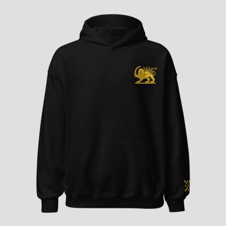 Lion & The Sun hoodie with Shir o Khorshid lion and sun emblem front view